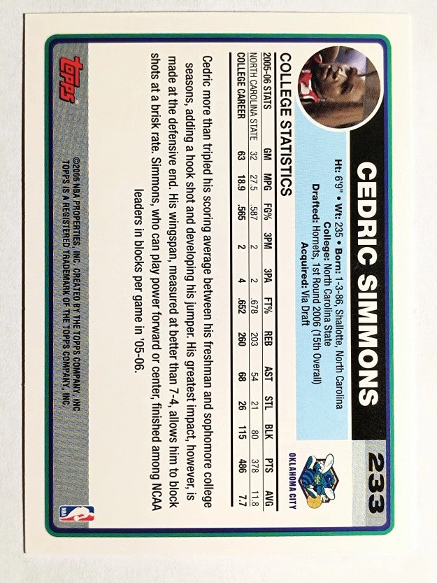 2006-07 Topps #233 Cedric Simmons RC