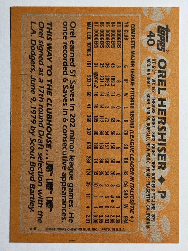 1988 Topps #40 Orel Hershiser