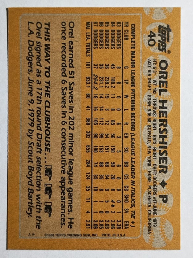 1988 Topps #40 Orel Hershiser