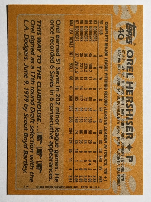 1988 Topps #40 Orel Hershiser