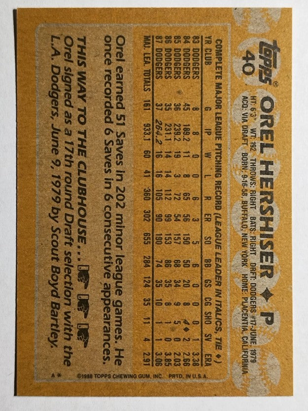 1988 Topps #40 Orel Hershiser