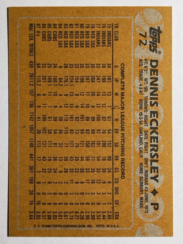 1988 Topps #72 Dennis Eckersley