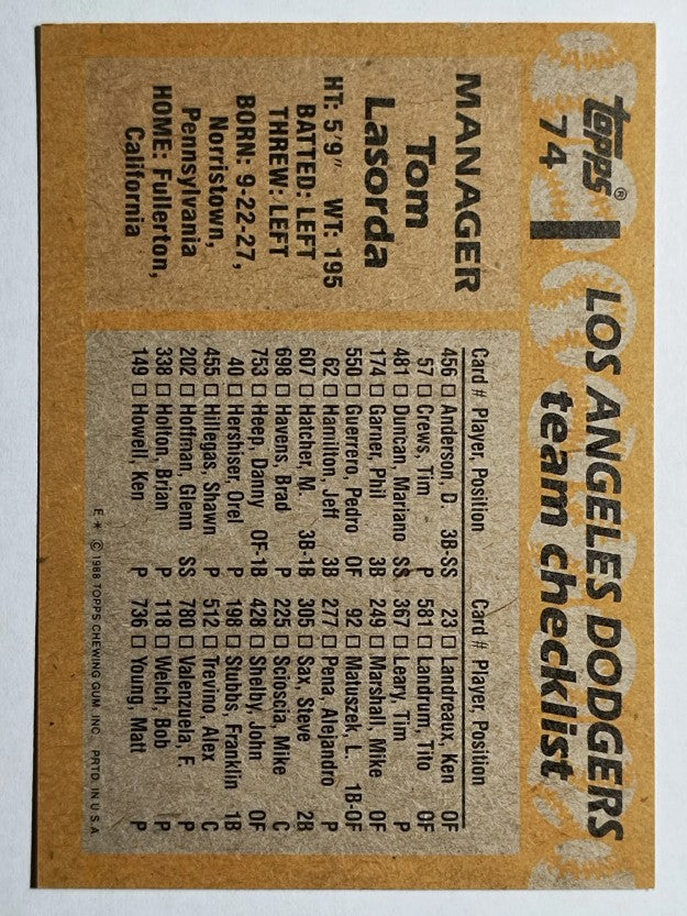 1988 Topps #74 Tom Lasorda MG
