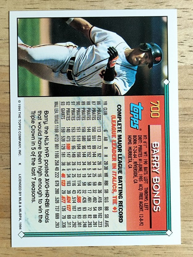 1994 Topps #700 Barry Bonds