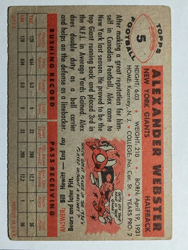 1956 Topps #5 Alex Webster RC (GOOD)