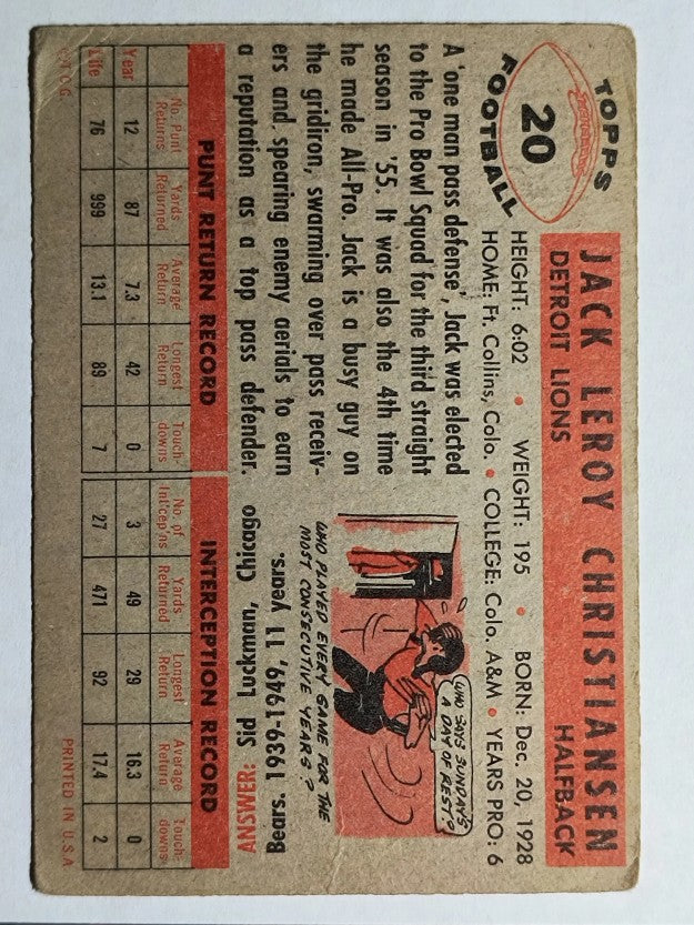 1956 Topps #20 Jack Christiansen (VG)