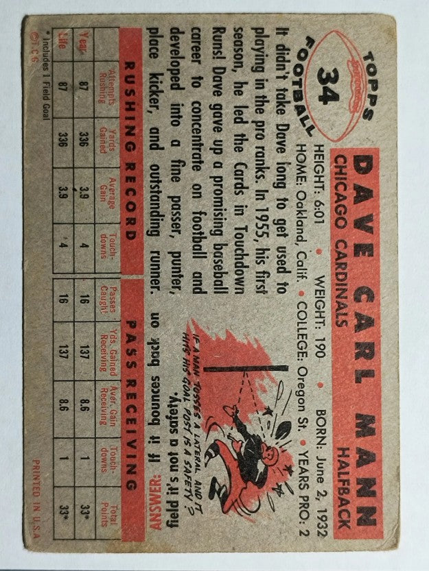 1956 Topps #34 Dave Mann SP RC (VG)