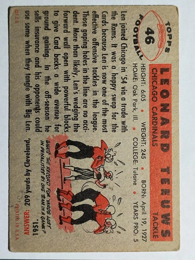 1956 Topps #46 Len Teeuws SP RC (VG)