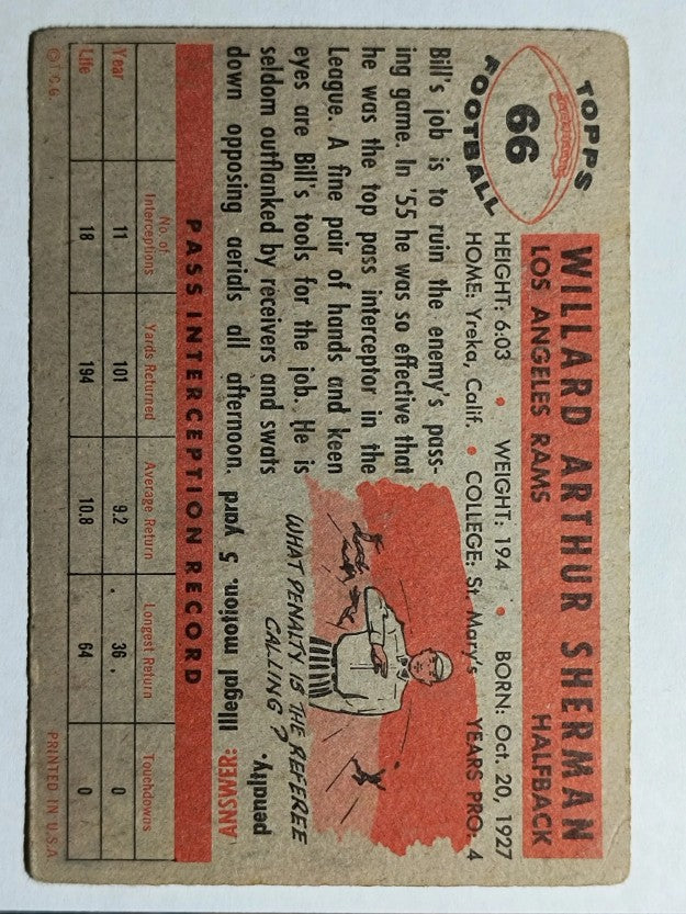 1956 Topps #66 Willard Sherman RC (VG)