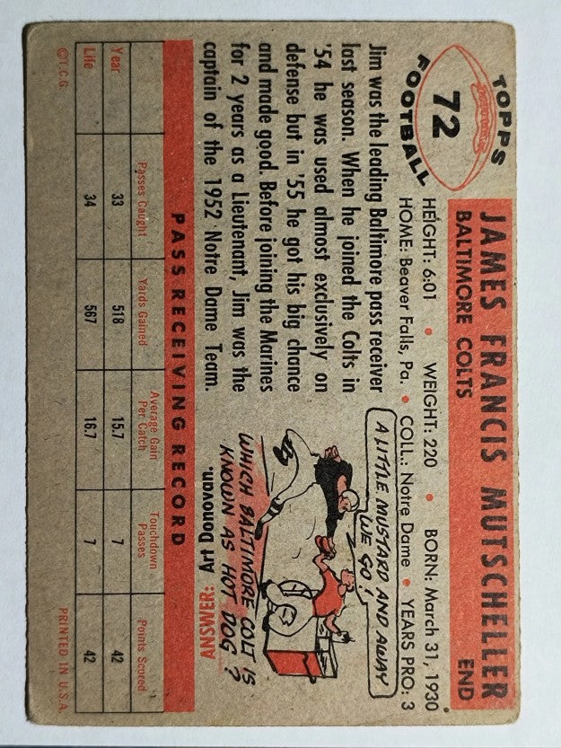1956 Topps #72 Jim Mutscheller RC (VG)