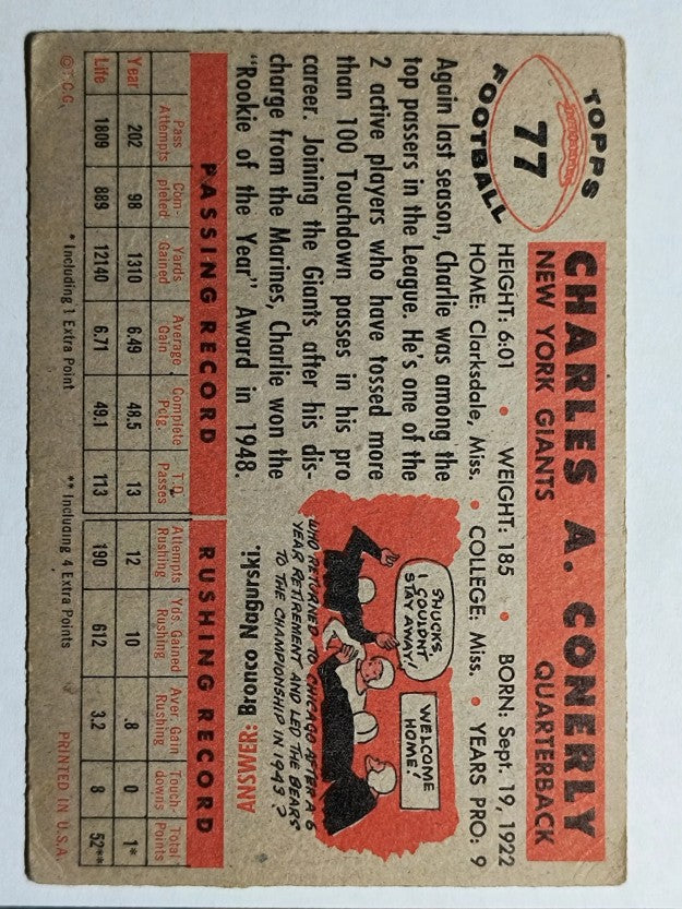 1956 Topps #77 Charley Conerly (VG)