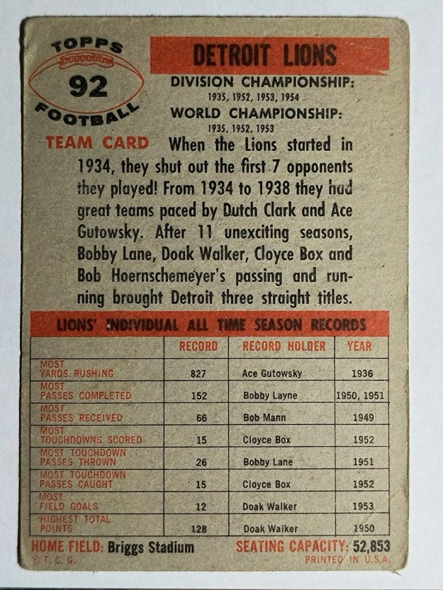1956 Topps #92 Detroit Lions (VG)