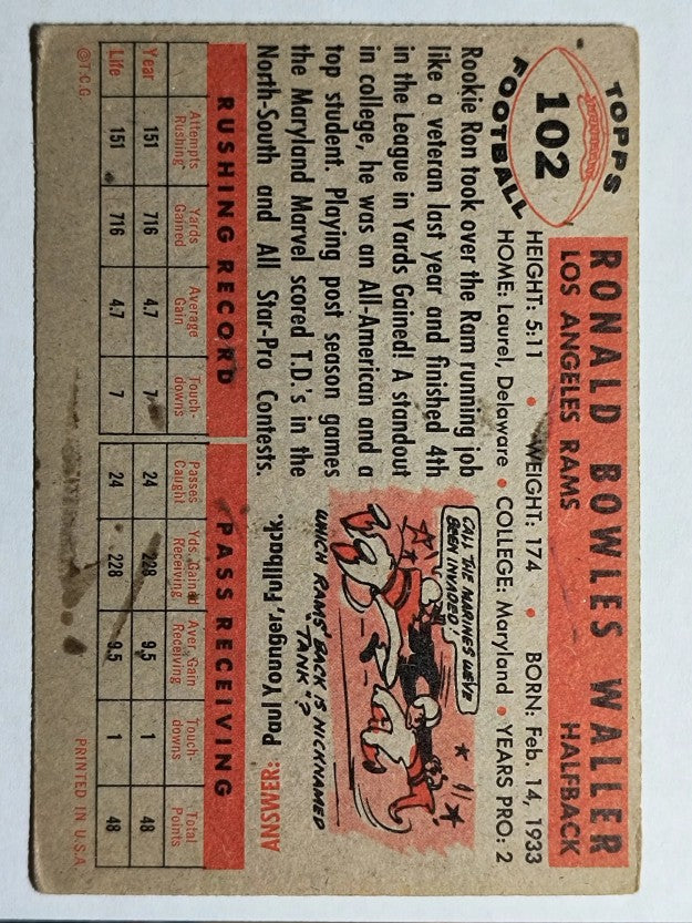 1956 Topps #102 Ron Waller RC (VG)
