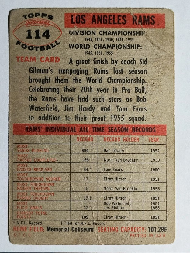 1956 Topps #114 Los Angeles Rams (POOR)
