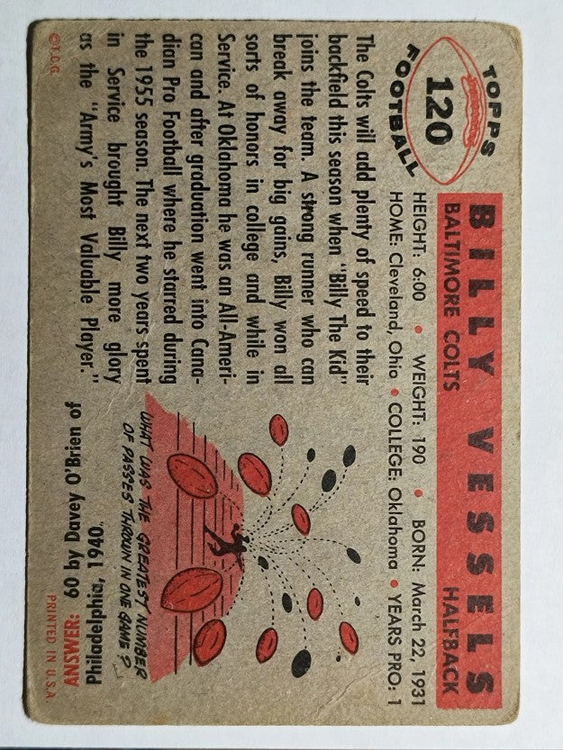 1956 Topps #120 Billy Vessels RC (VG)