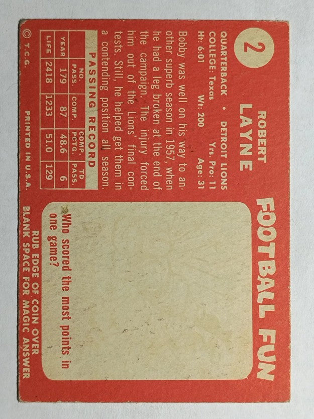 1958 Topps #2 Bobby Layne (EX)