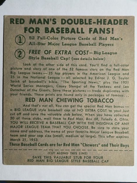 1952 Red Man #AL23 Ted Williams /w tab (POOR)
