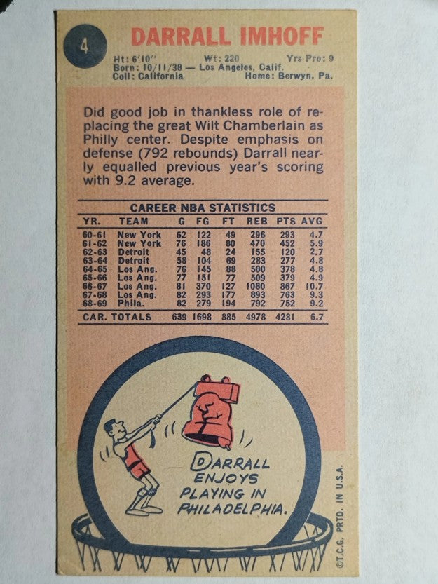 1969-70 Topps #4 Darrall Imhoff RC (VGEX)