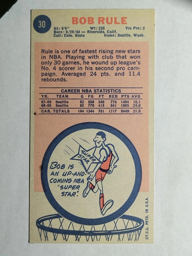 1969-70 Topps #30 Bob Rule RC (EXMT)