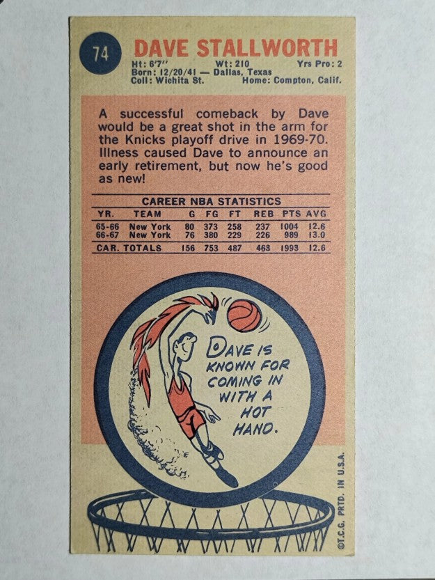 1969-70 Topps #74 Dave Stallworth RC (VG)