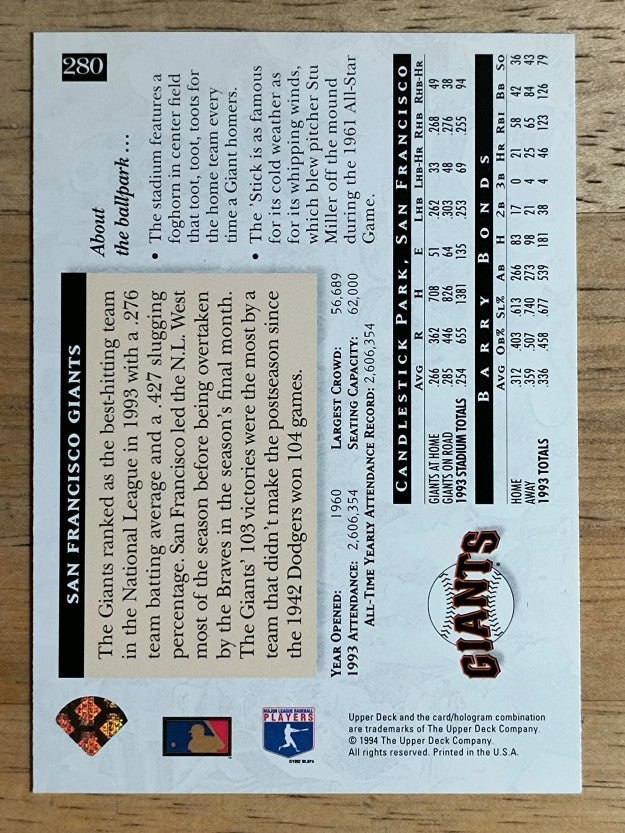 1994 Upper Deck #280 Barry Bonds HFA