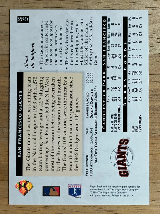 1994 Upper Deck #280 Barry Bonds HFA