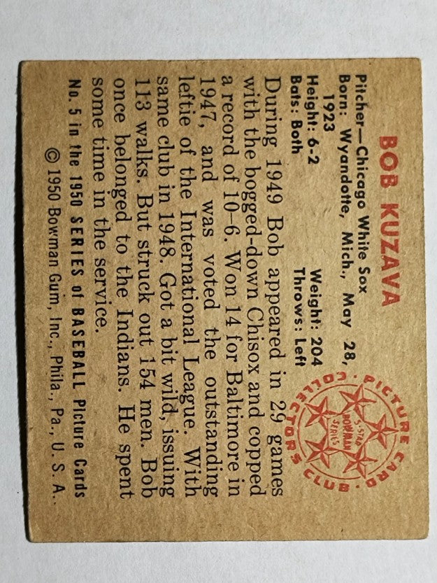 1950 Bowman #5 Bob Kuzava RC (EX)