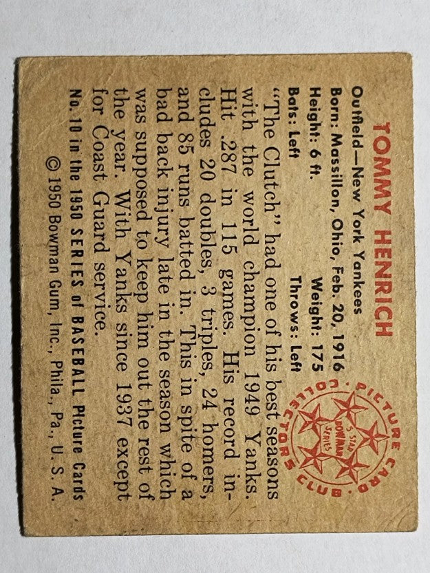 1950 Bowman #10 Tommy Henrich (VG)