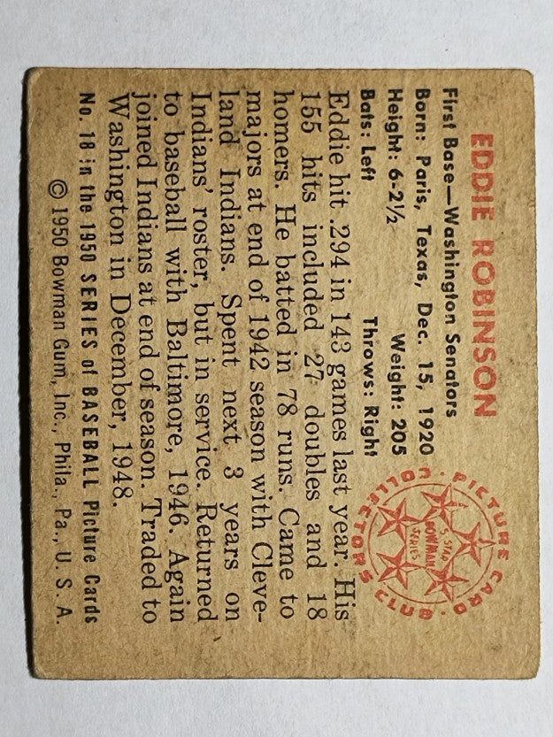 1950 Bowman #18 Eddie Robinson RC (VGEX)