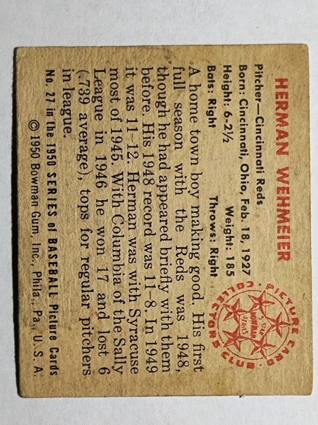 1950 Bowman #27 Herman Wehmeier (VGEX)