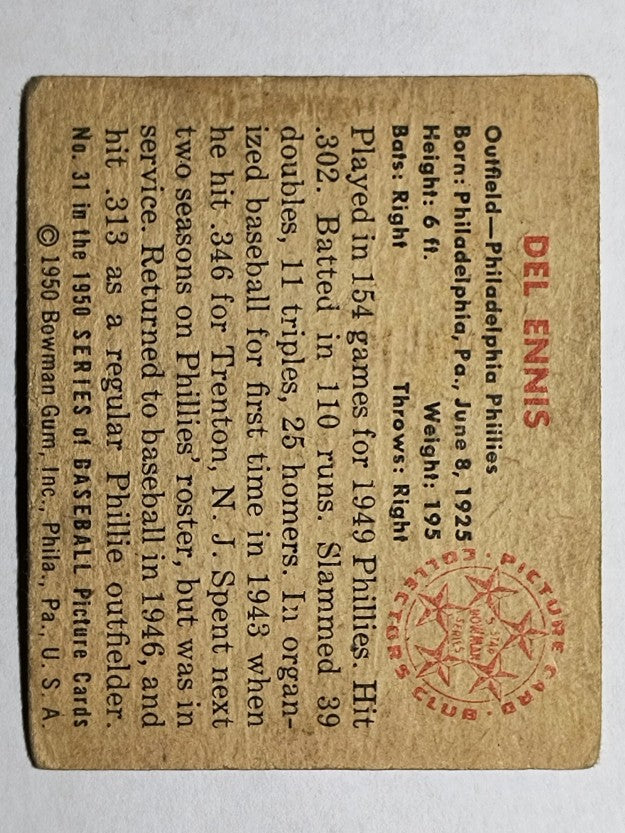 1950 Bowman #31 Del Ennis (VG)