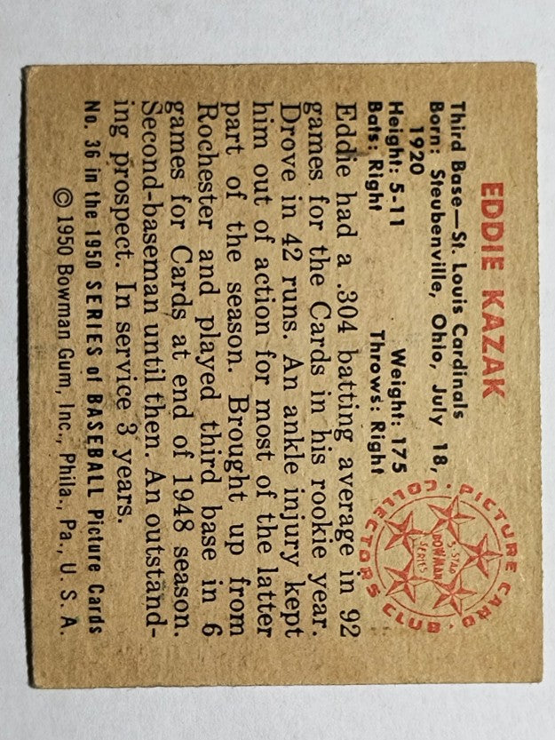 1950 Bowman #36 Eddie Kazak RC (EX)