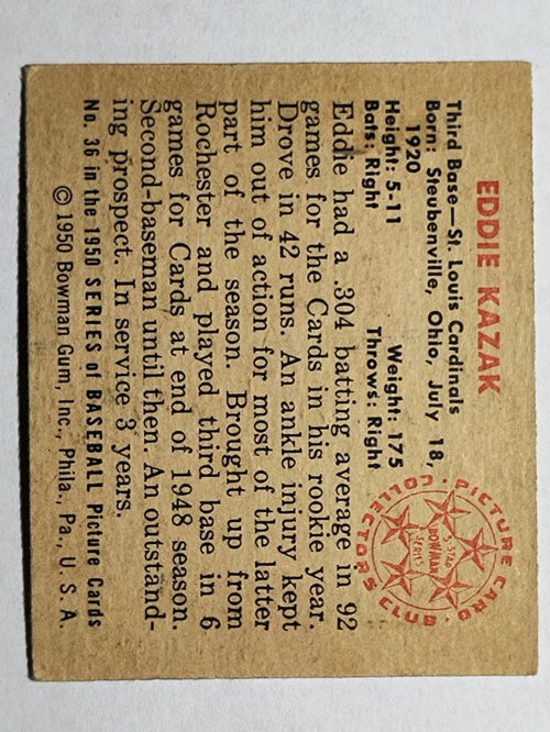 1950 Bowman #36 Eddie Kazak RC (EX)