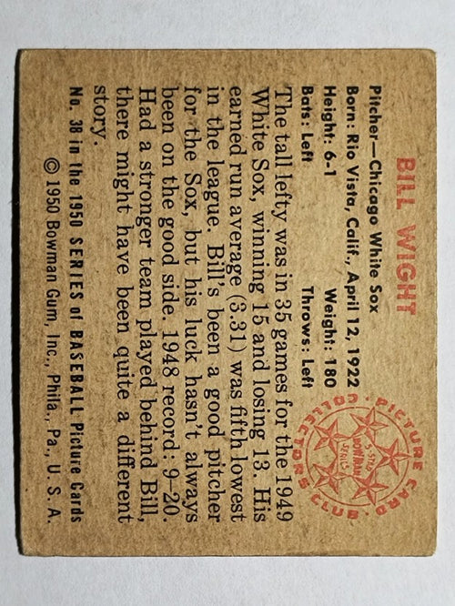 1950 Bowman #38 Bill Wight RC (VGEX)