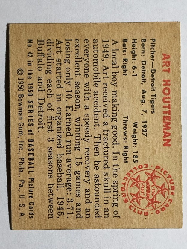 1950 Bowman #42 Art Houtteman RC (EX)