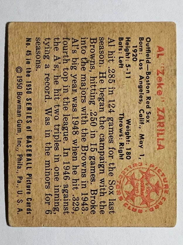 1950 Bowman #45 Al Zarilla (VG)