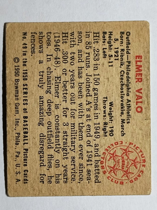 1950 Bowman #49 Elmer Valo (VG)