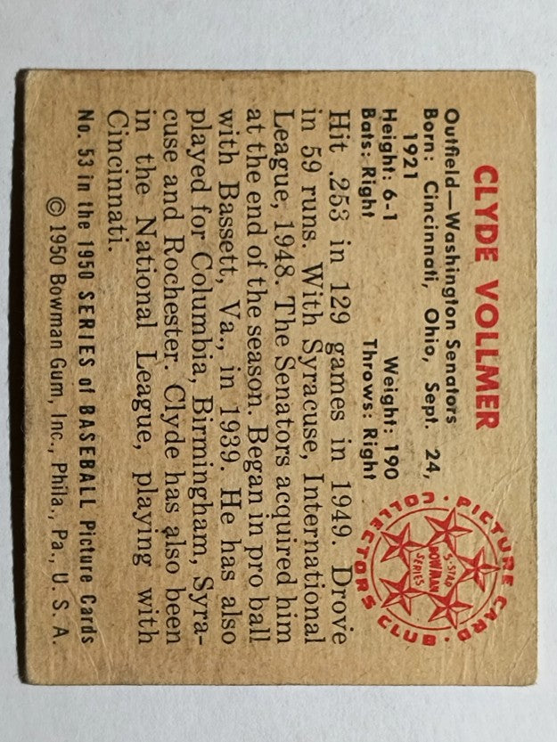 1950 Bowman #53 Clyde Vollmer RC (VG)