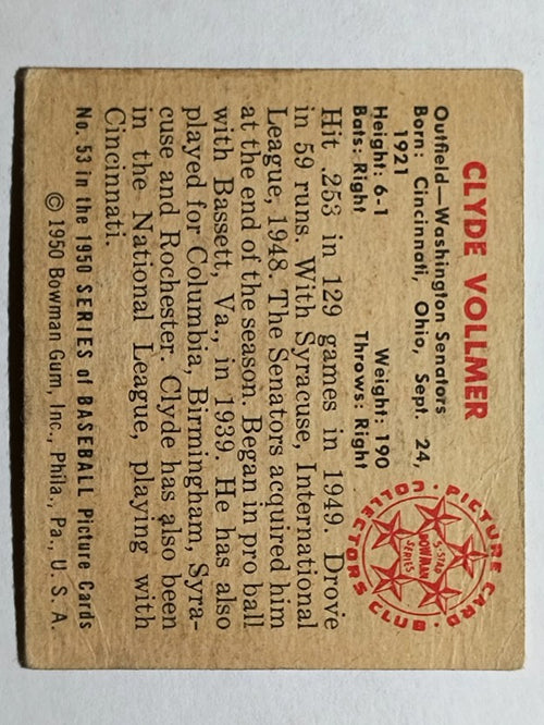 1950 Bowman #53 Clyde Vollmer RC (VG)