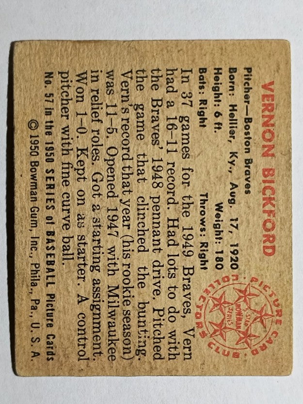 1950 Bowman #57 Vern Bickford (VG)