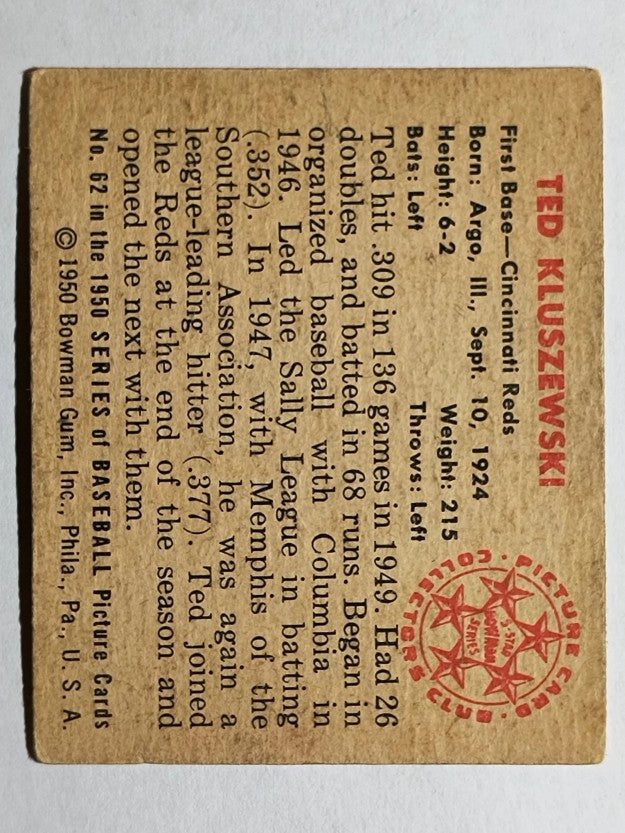 1950 Bowman #62 Ted Kluszewski (VGEX)