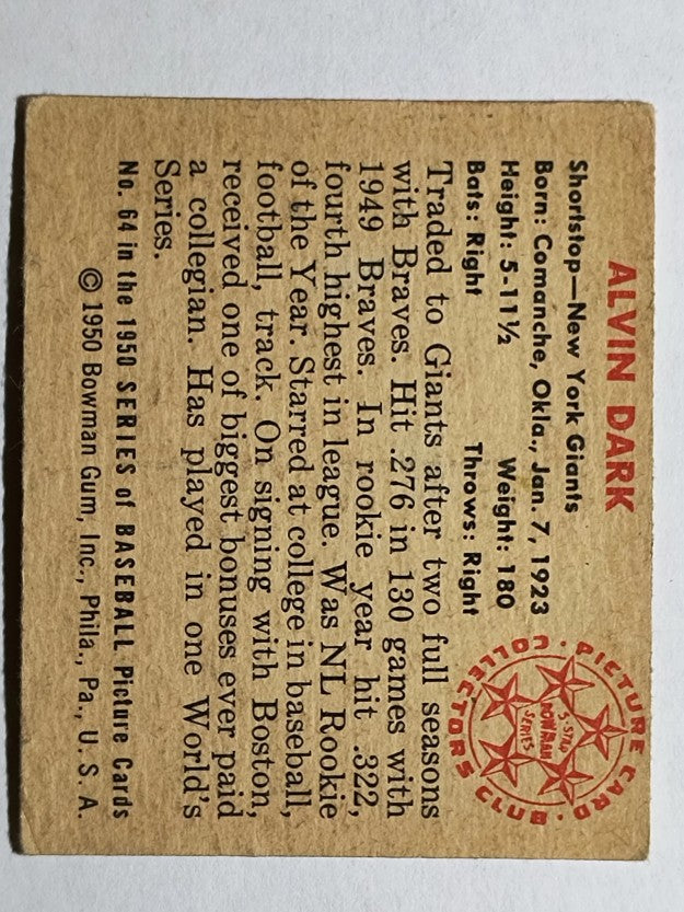 1950 Bowman #64 Alvin Dark (VG)