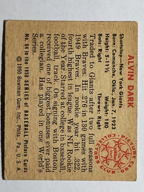 1950 Bowman #64 Alvin Dark (VG)