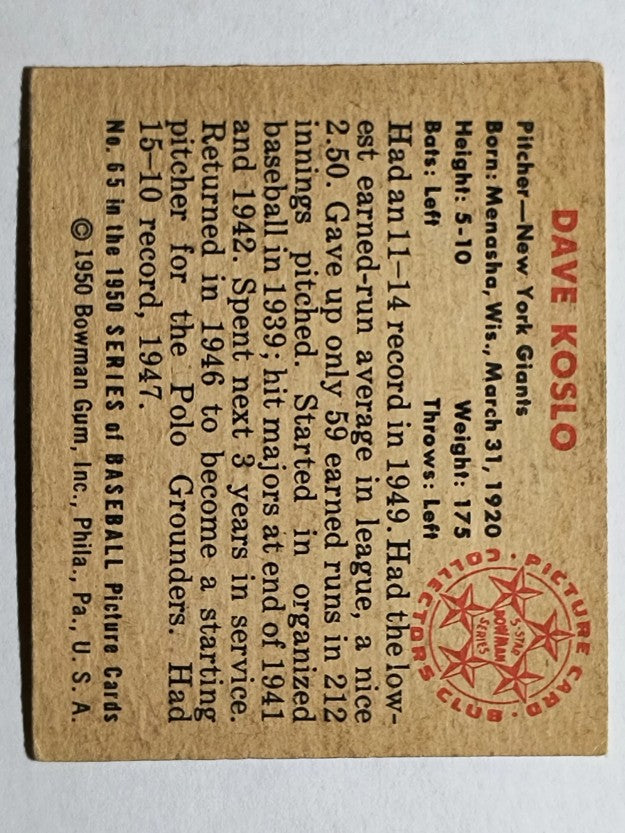 1950 Bowman #65 Dave Koslo (VGEX)