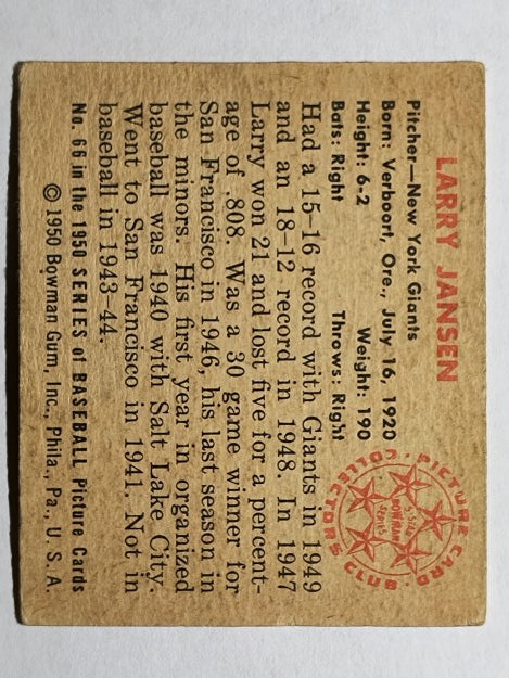 1950 Bowman #66 Larry Jansen/black hat (VG)