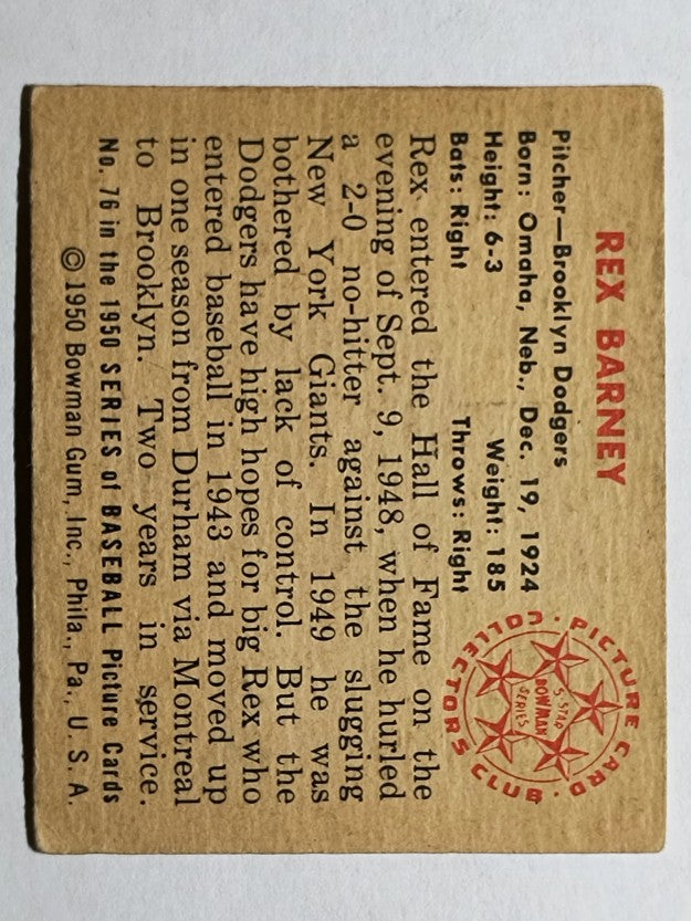 1950 Bowman #76 Rex Barney (VGEX)