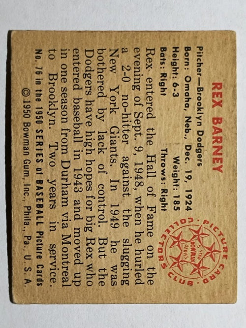 1950 Bowman #76 Rex Barney (VGEX)