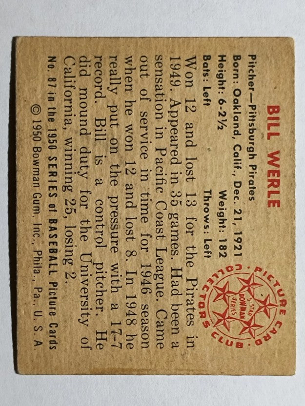 1950 Bowman #87 Bill Werle RC (VGEX)