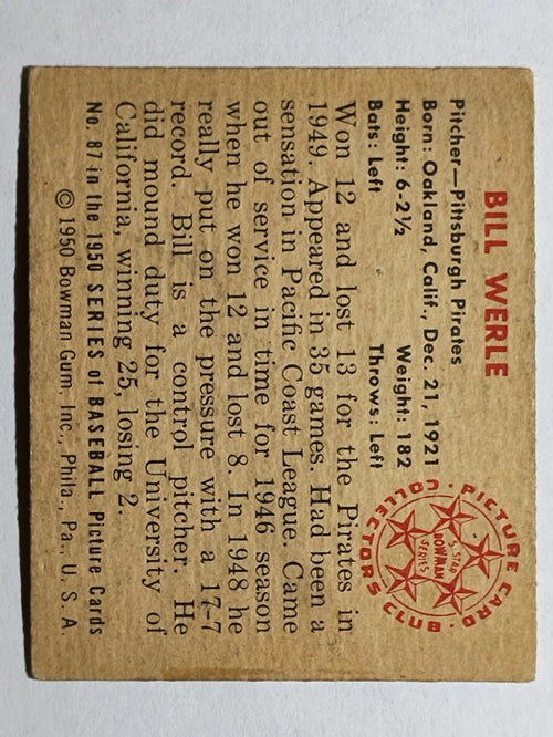 1950 Bowman #87 Bill Werle RC (VGEX)