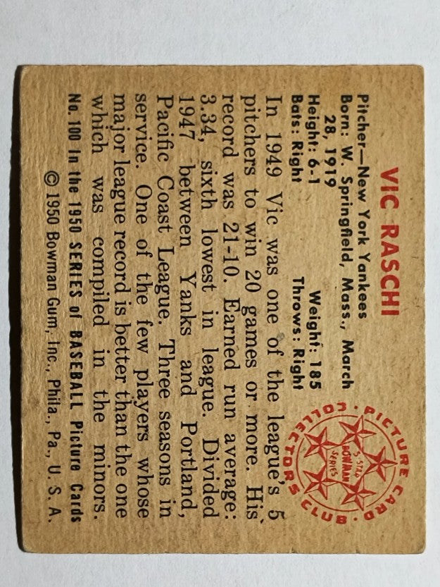 1950 Bowman #100 Vic Raschi (VGEX)